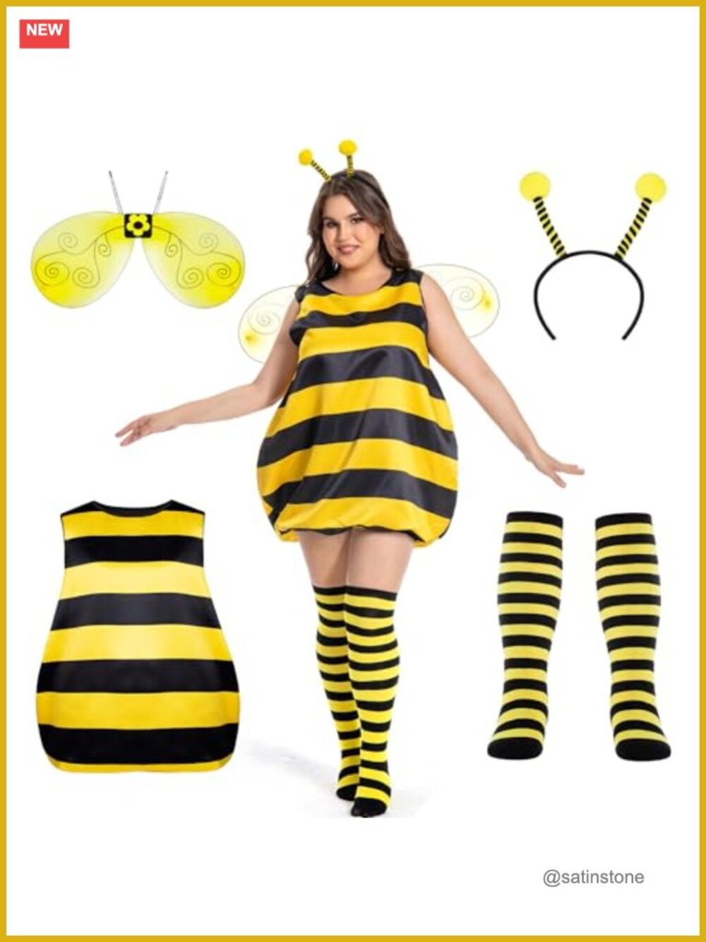 Plus Size Bumble Bee Costume Set Polyester Halloween Tunic Leg Warmers Wings